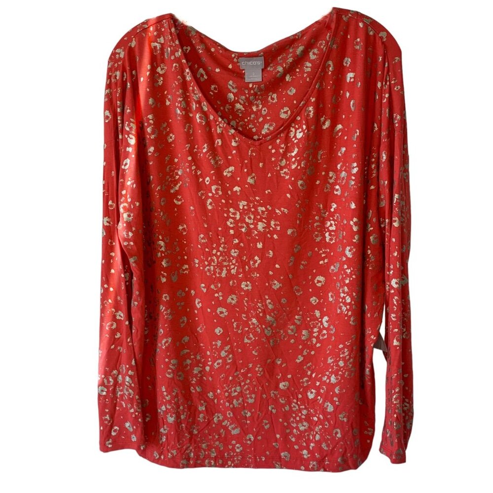 CHICO'S Orange + Gold Touch of Cool Foiled Animal Print Knit Tee NWOT Size Large